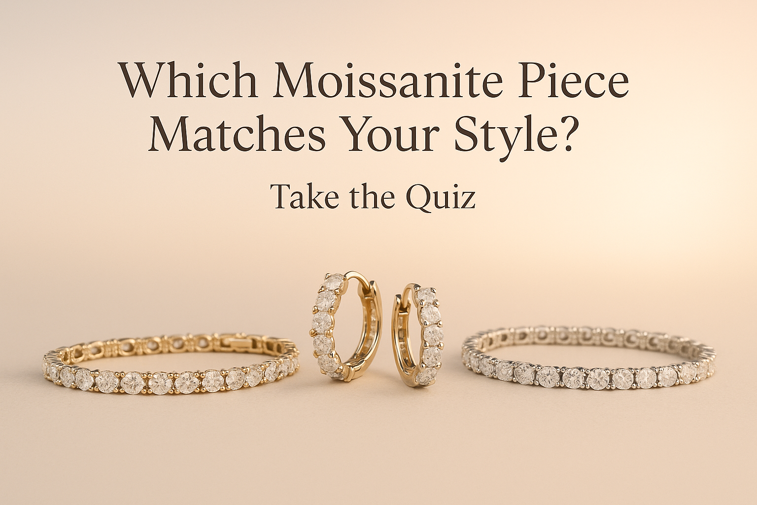 Flat lay of gold and silver moissanite tennis bracelets and mini hoops under the text 'Which Moissanite Piece Matches Your Style? Take the Quiz' on a soft gradient background – Kofsky & Stone jewellery quiz promo