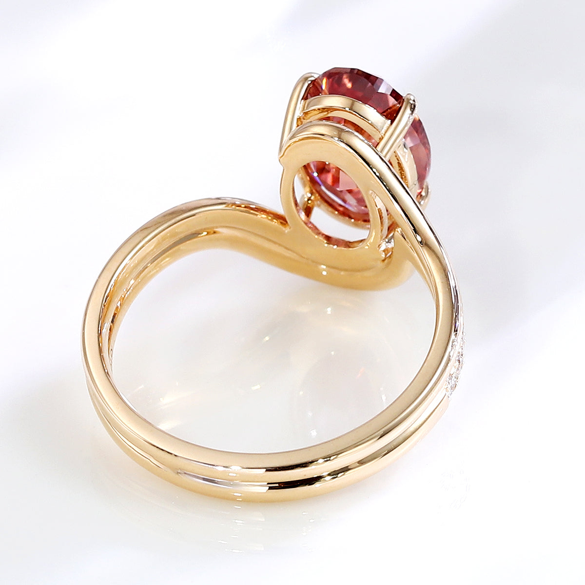5.2ct oval pink lab grown diamond ring with pavé split shank band in gold back view