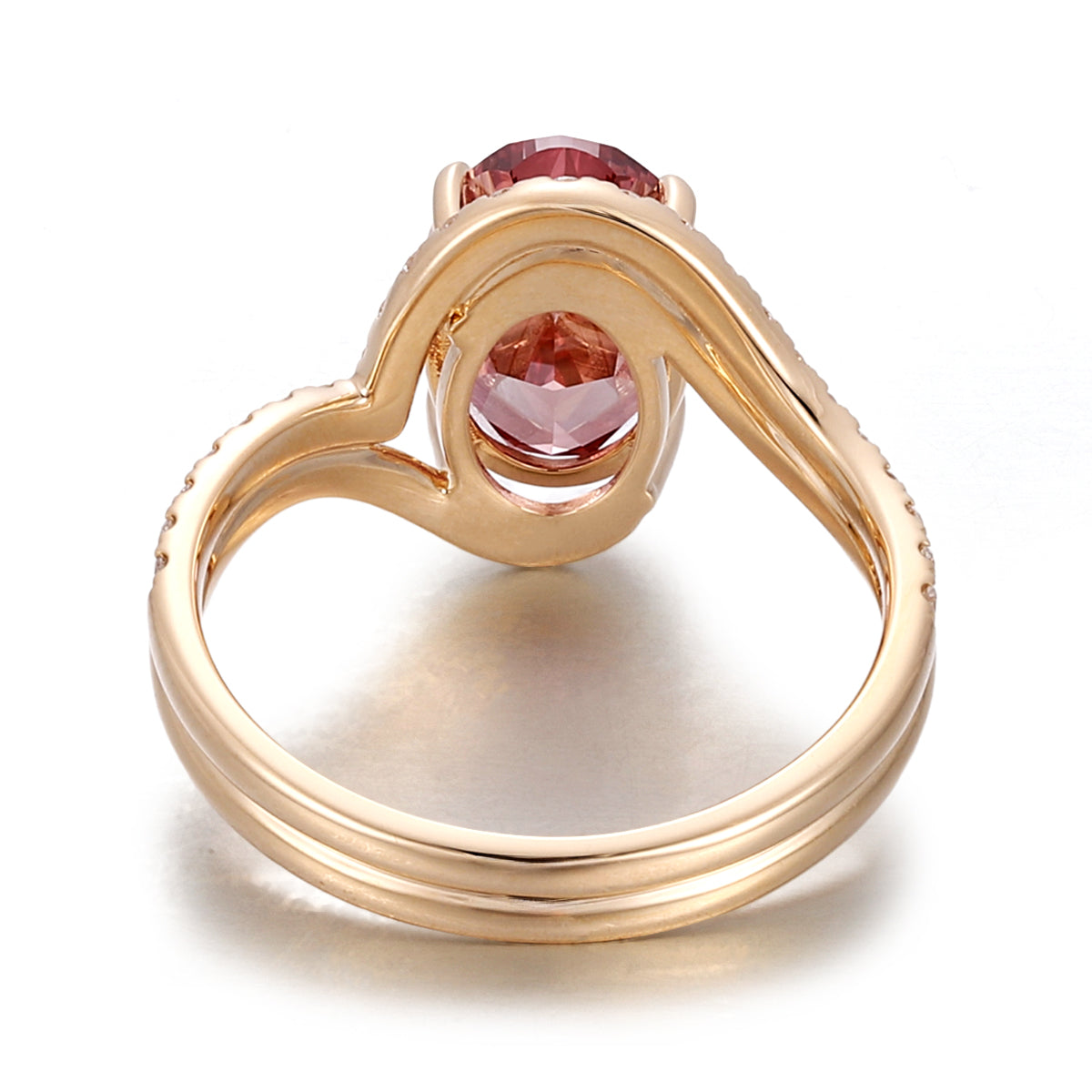 5.2ct oval pink lab grown diamond ring with pavé split shank band in gold back view