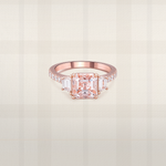 Asscher cut pink lab diamond three stone ring in rose gold with tapered baguette side stones