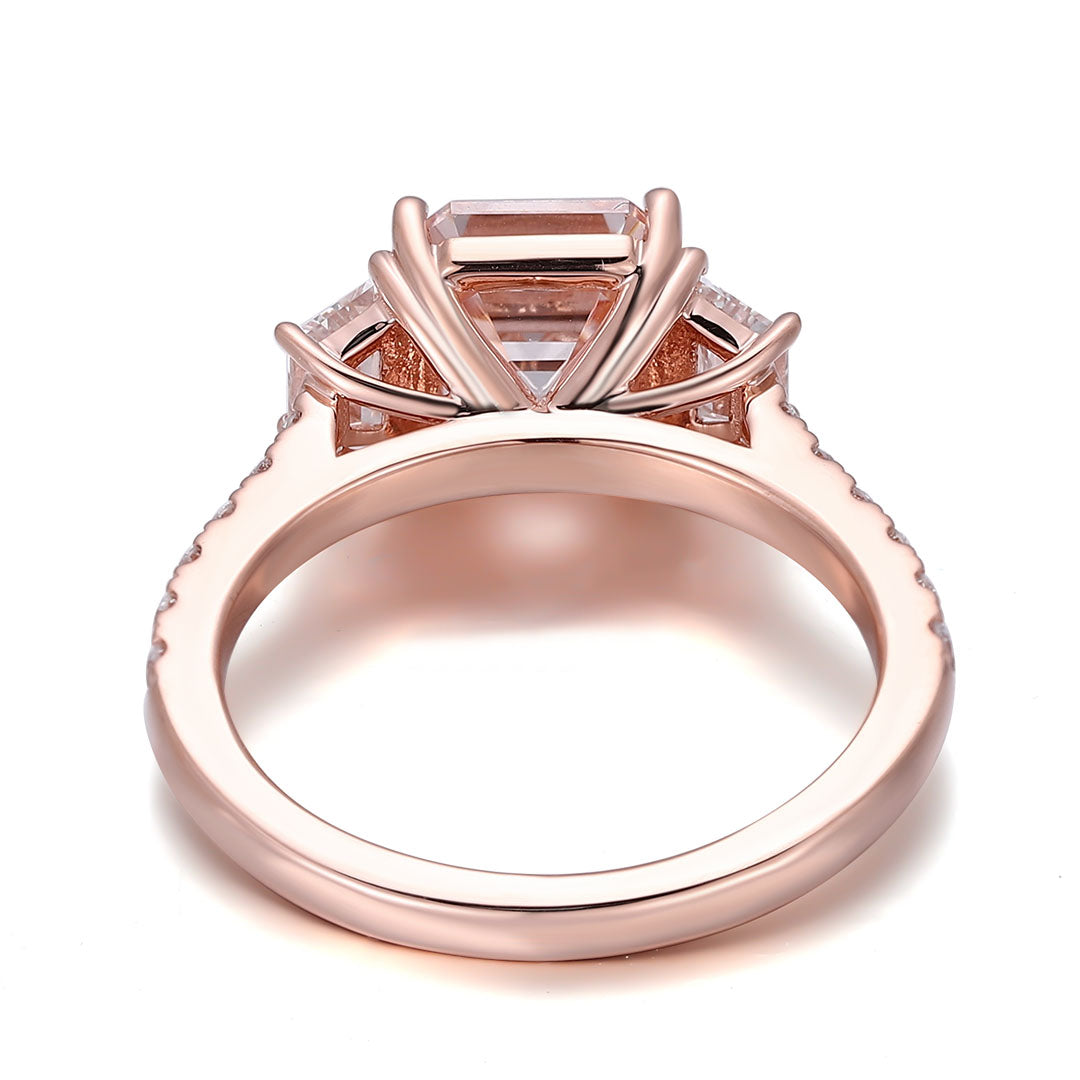 Asscher cut pink lab diamond three stone ring in rose gold with tapered baguette side stones