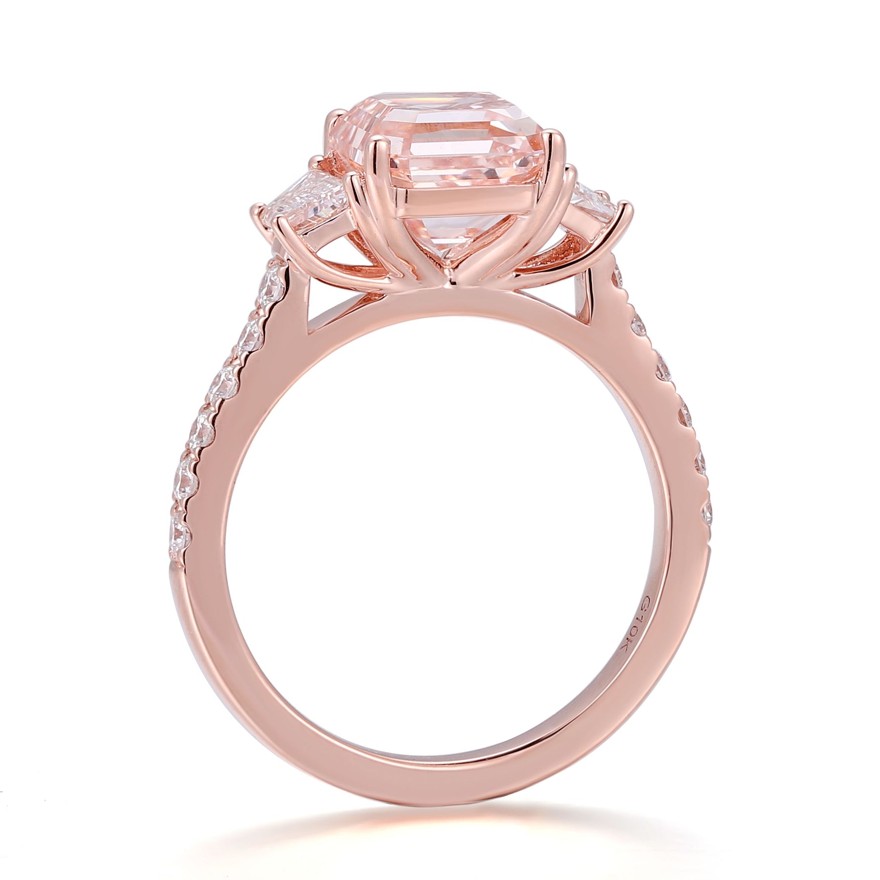 Asscher cut pink lab diamond three stone ring in rose gold with tapered baguette side stones