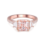 Asscher cut pink lab diamond three stone ring in rose gold with tapered baguette side stones