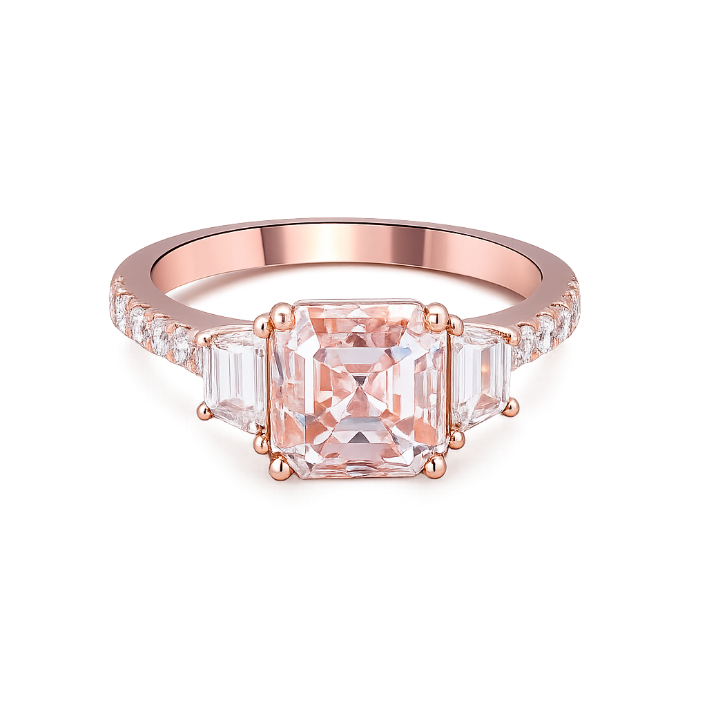 Asscher cut pink lab diamond three stone ring in rose gold with tapered baguette side stones