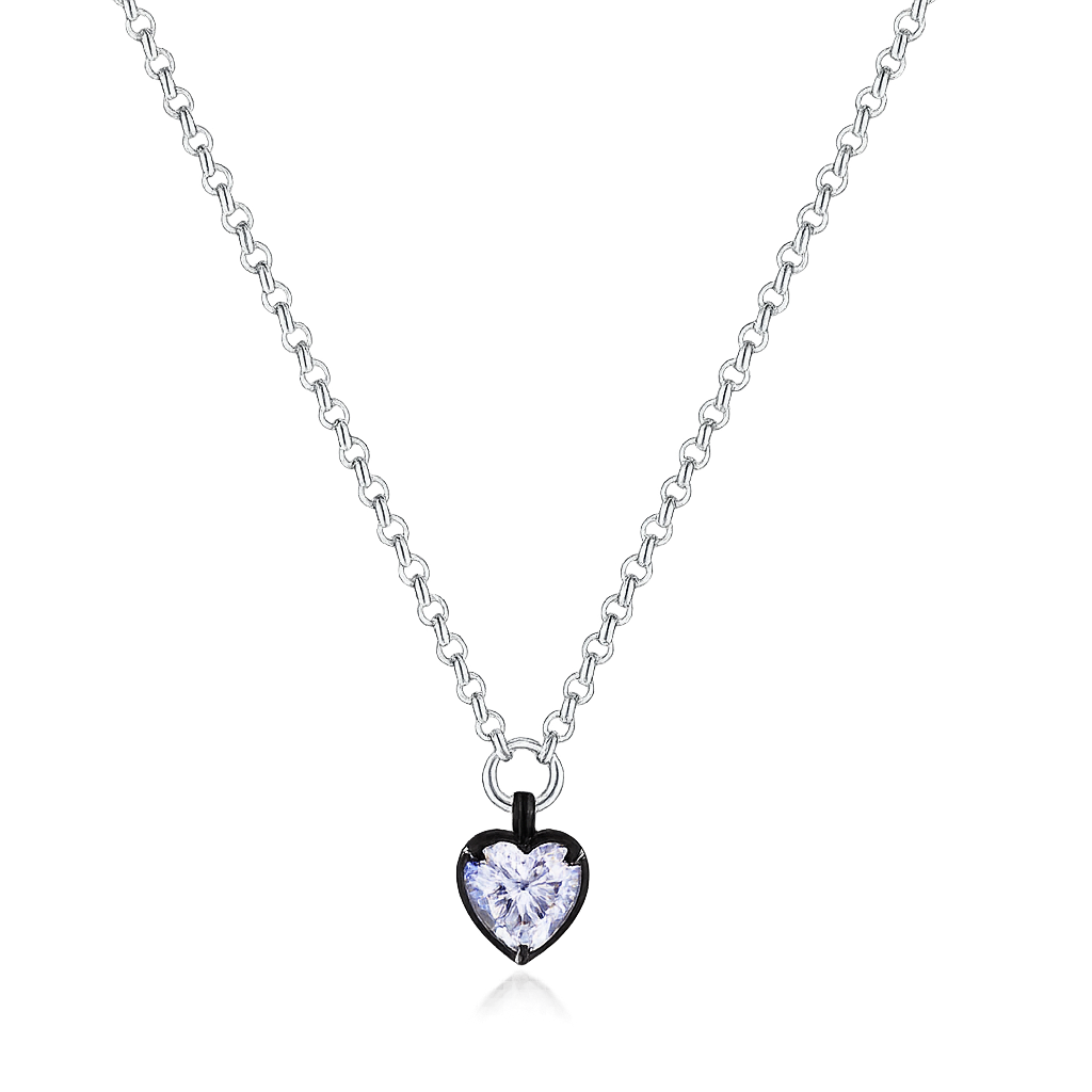 Heart shaped moissanite pendant necklace in sterling silver with black rhodium bezel setting and fine silver chain, minimalist heart necklace inspired by lab diamond jewellery, elegant everyday pendant necklace for women.