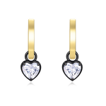 Heart cut lab diamond huggie hoop earrings in yellow gold with black prong setting