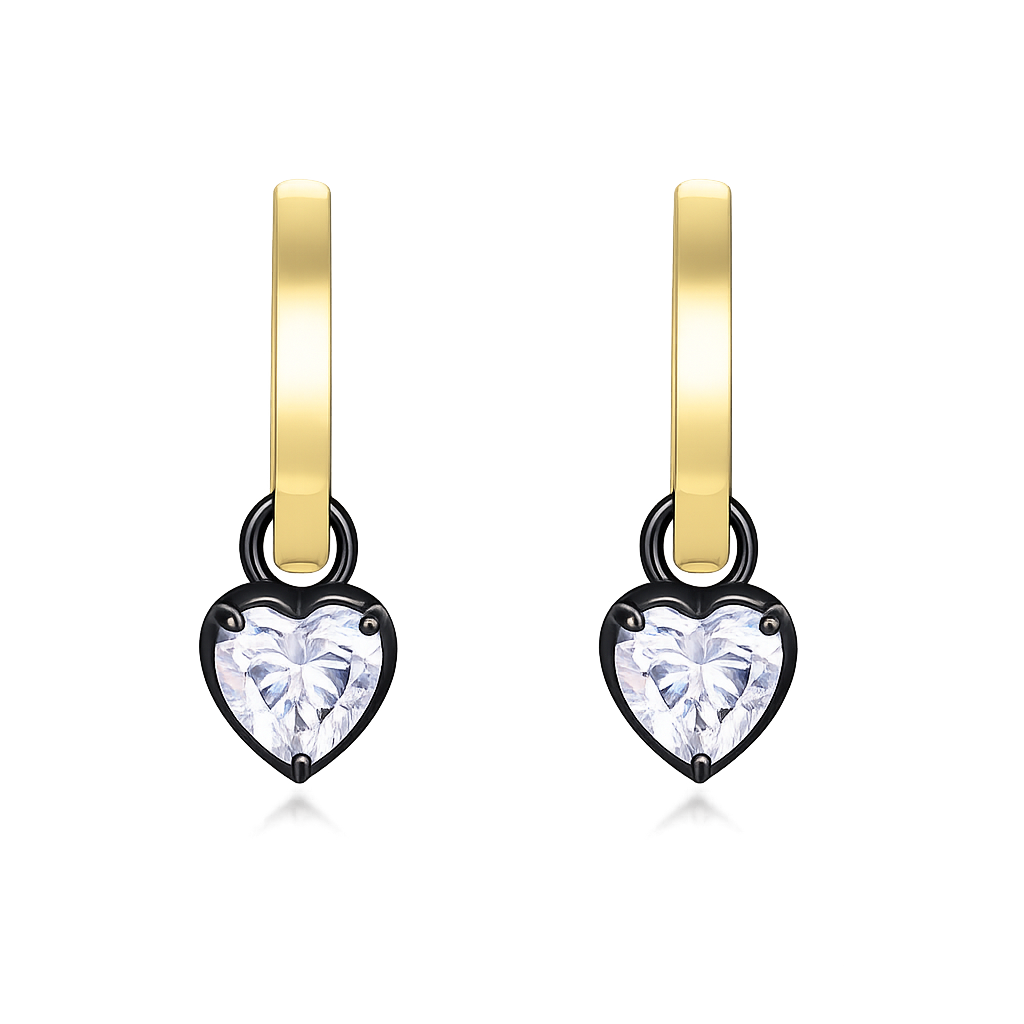 Heart cut lab diamond huggie hoop earrings in yellow gold with black prong setting