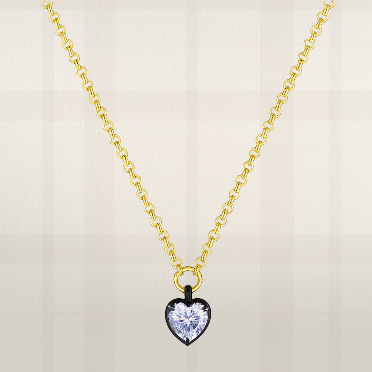 Heart cut lab diamond pendant necklace in yellow gold with black claw setting