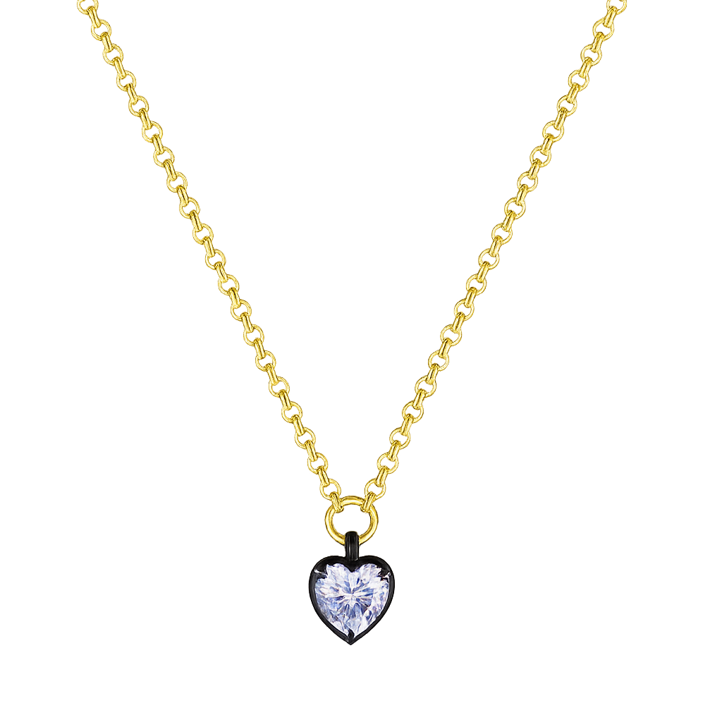 Heart cut lab diamond pendant necklace in yellow gold with black claw setting