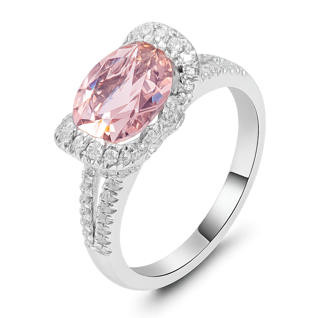 Oval pink lab diamond halo engagement ring in white gold with pavé band