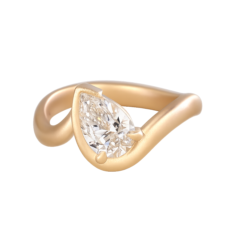 Pear cut lab diamond ring in brushed yellow gold with bypass setting
