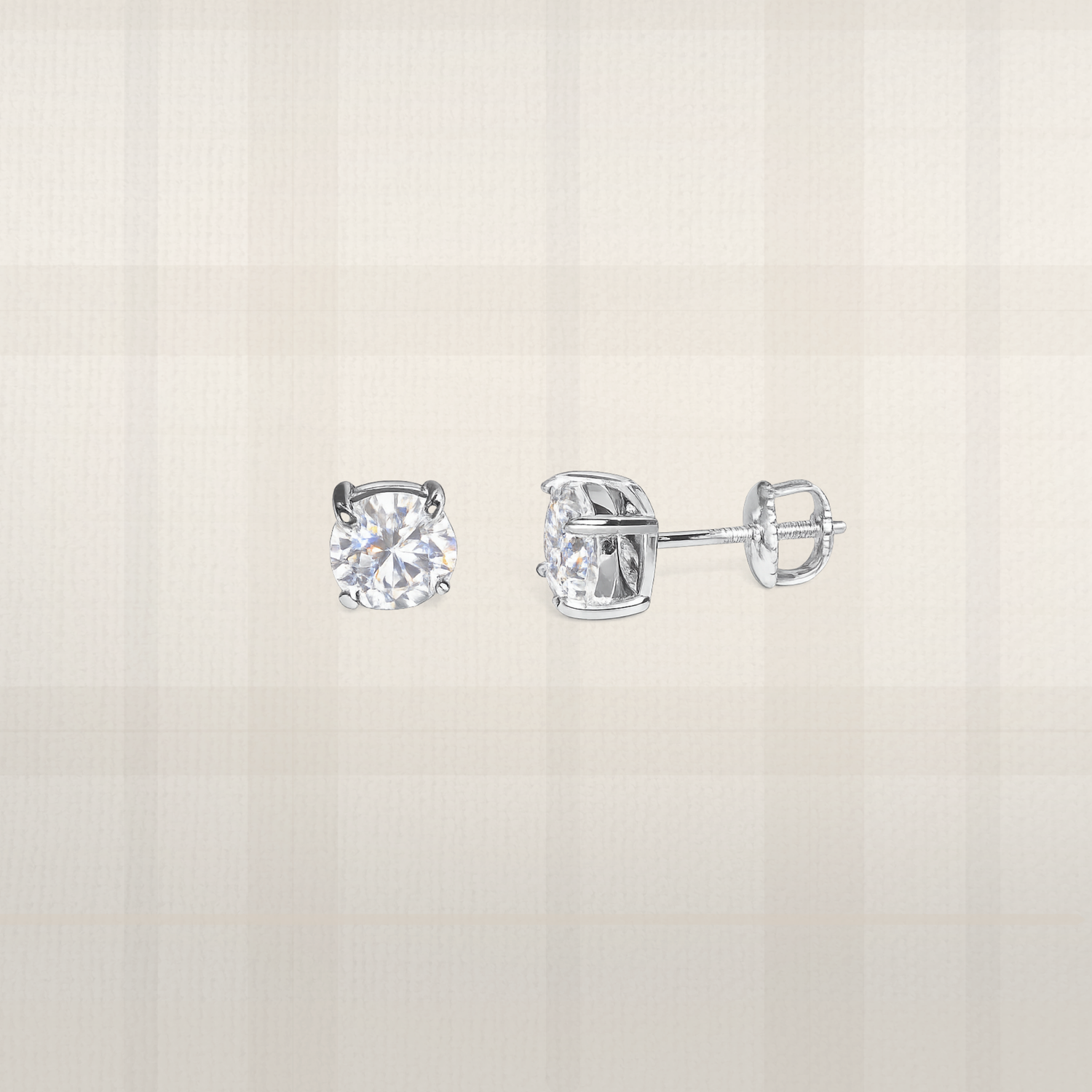 Round brilliant moissanite screw back stud earrings in sterling silver with classic lab diamond look