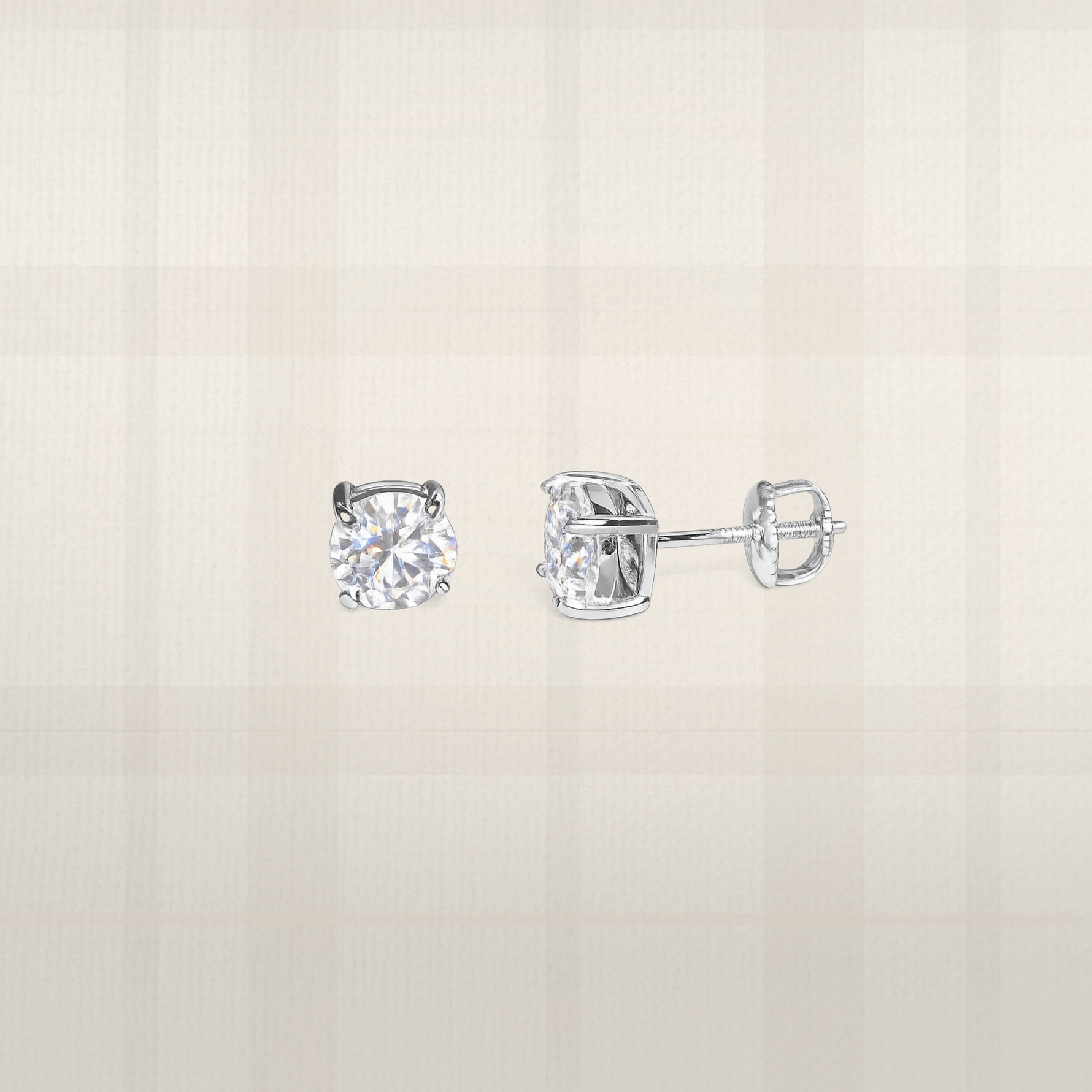 Round brilliant moissanite screw back stud earrings in sterling silver with classic lab diamond look