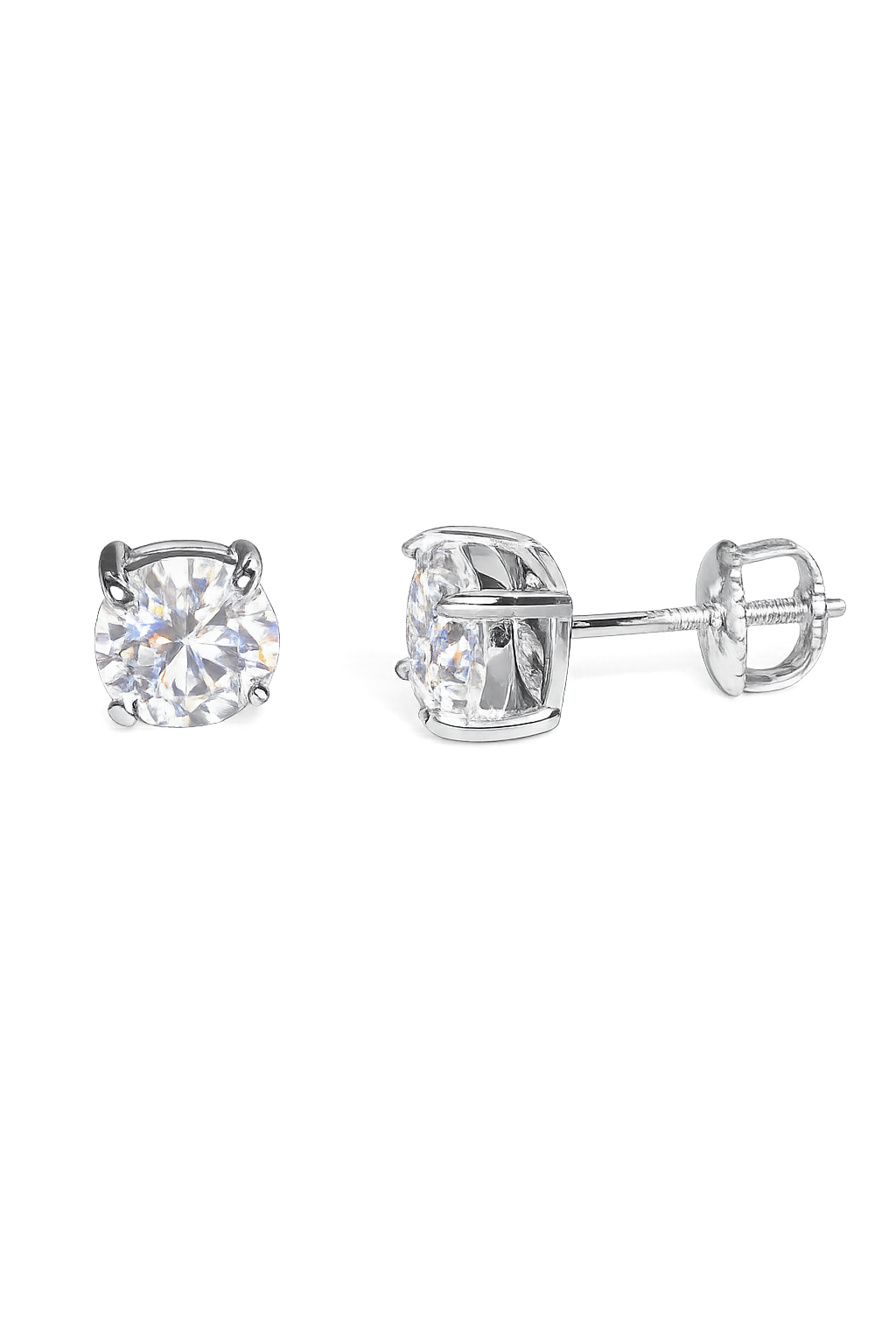 Round brilliant moissanite screw back stud earrings in sterling silver with classic lab diamond look