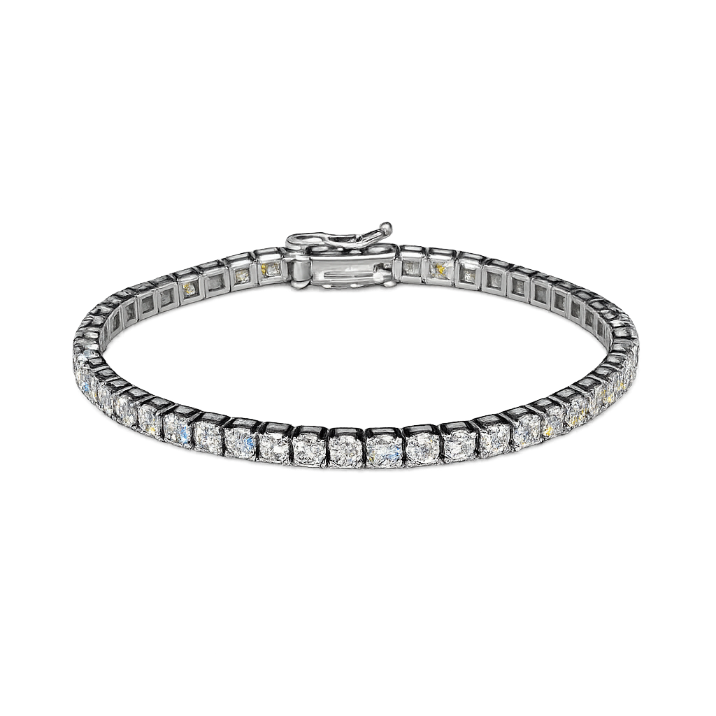 Silver moissanite tennis bracelet in sterling silver with round brilliant cut stones and classic box clasp, luxury tennis bracelet inspired by lab diamond jewellery, elegant everyday silver bracelet for women