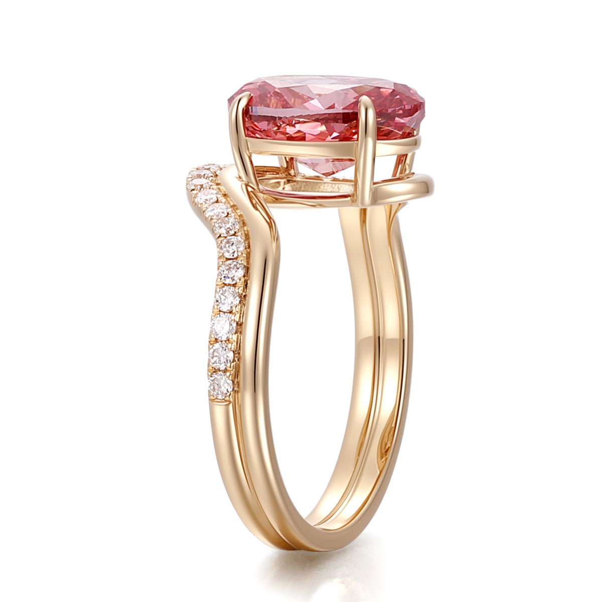 5.2ct oval pink lab grown diamond ring with pavé split shank band in gold Side View