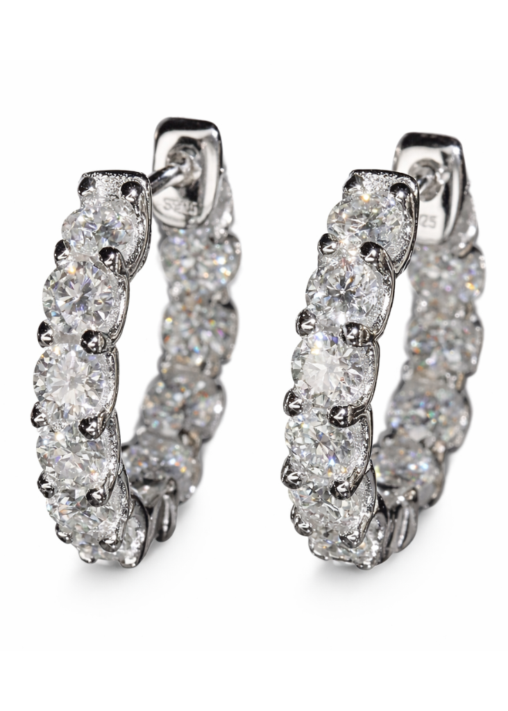 moissanite mini hoops with 360 degree moissaite and huggie closure 