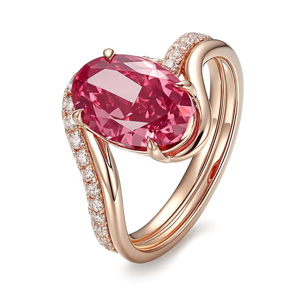 Oval pink lab diamond bypass engagement ring in rose gold with pavé band