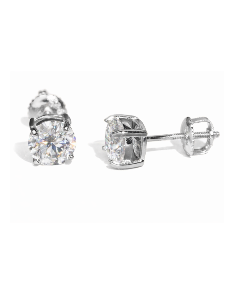 silver moissanite stud earring white background